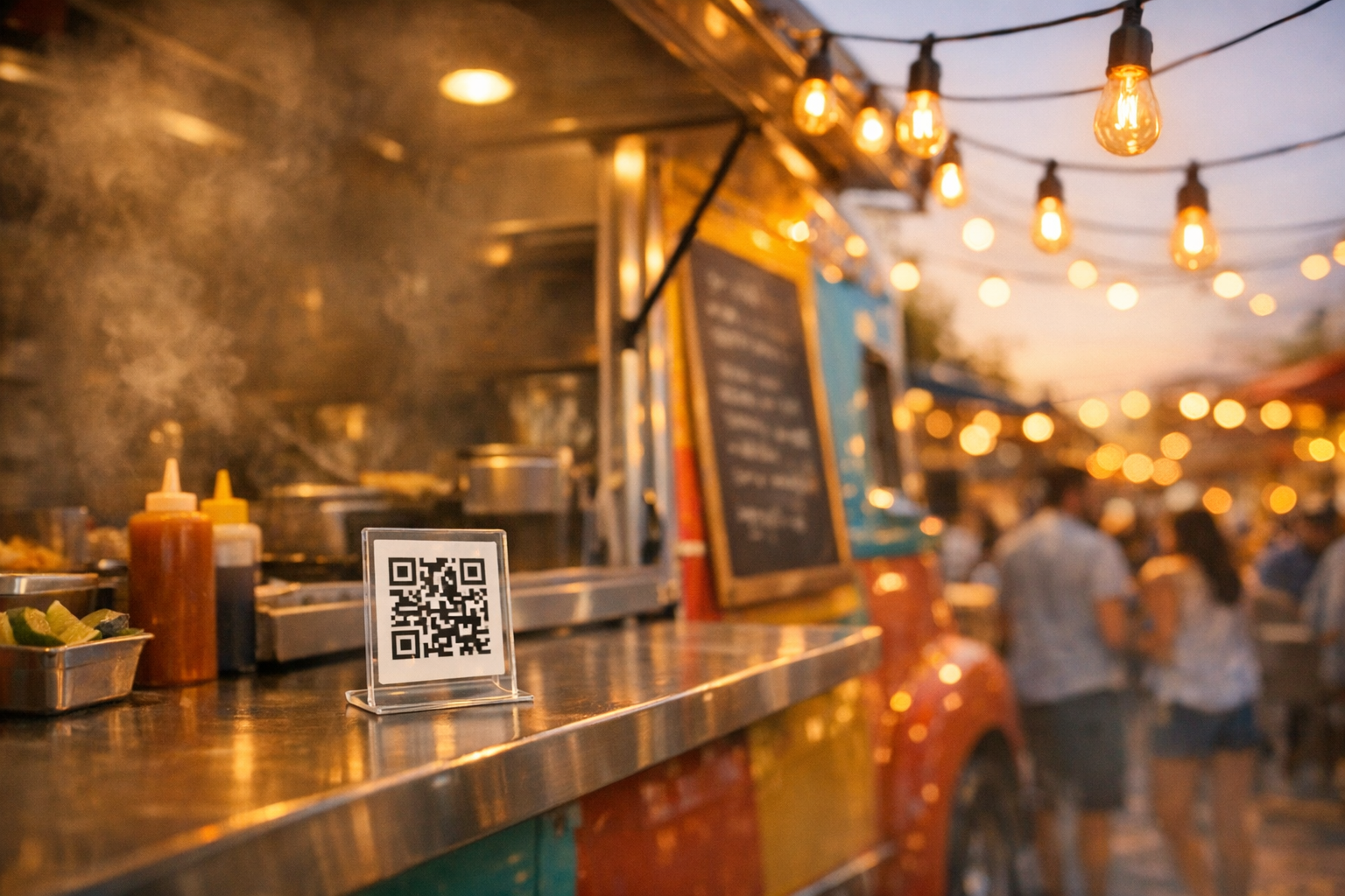 Food truck serving counter at golden hour with QR code stand and Edison bulb lights