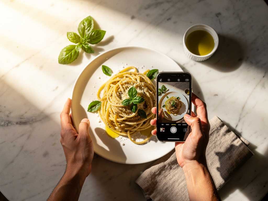 Hands holding a smartphone to photograph a pasta dish on a marble surface