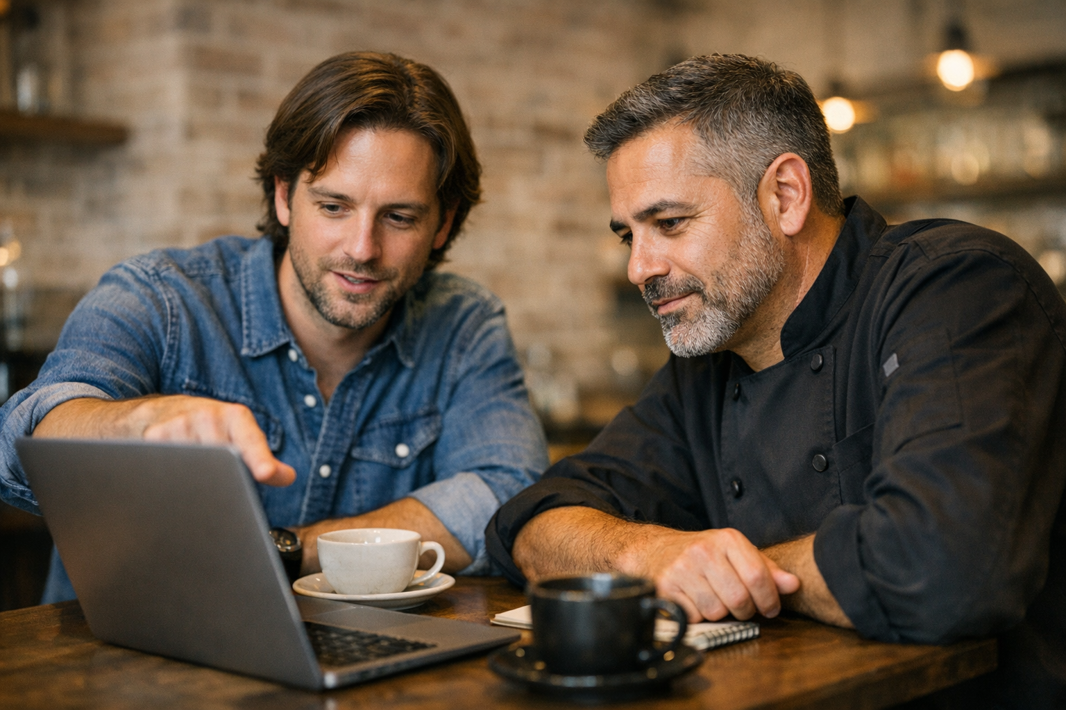 Freelance designer and restaurant owner in chef's coat collaborating over a laptop in a cafe