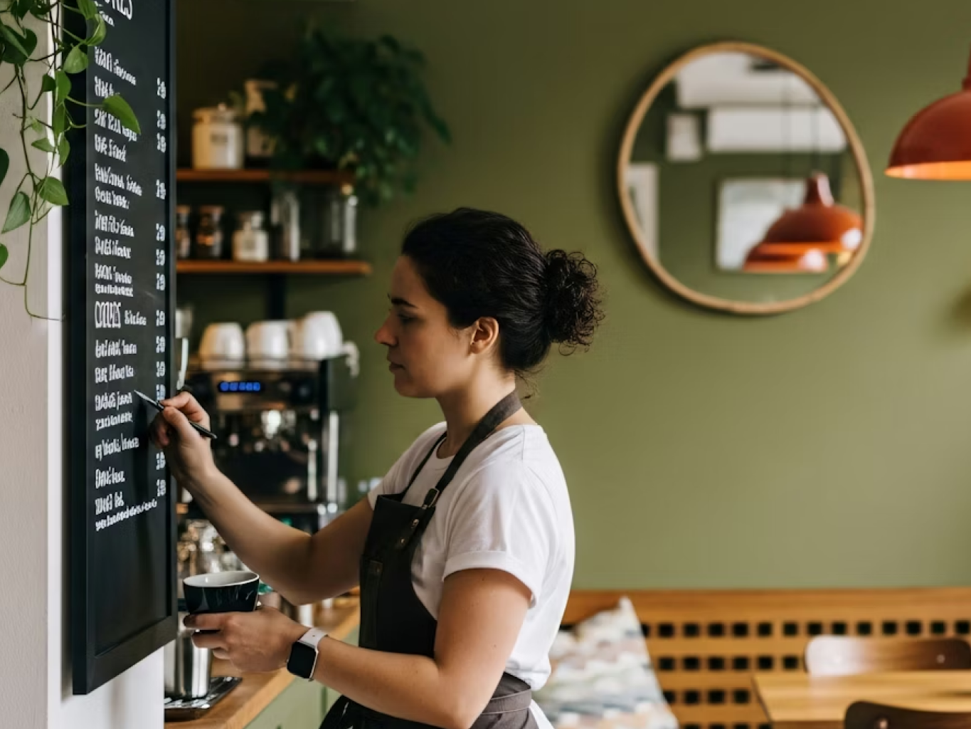 Close-up of an elegant restaurant menu with a finger pointing at a dish description