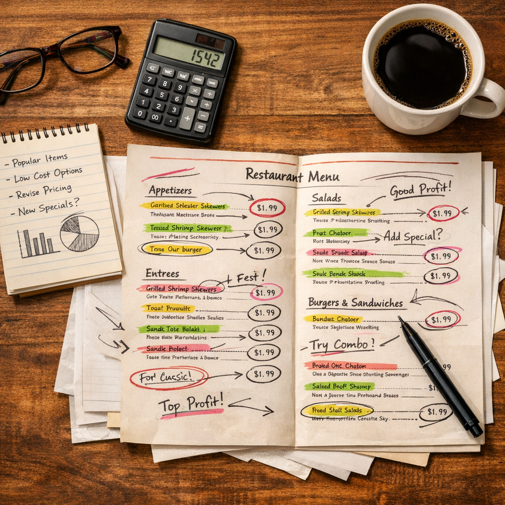 Restaurant menu layout with highlighted high-profit items