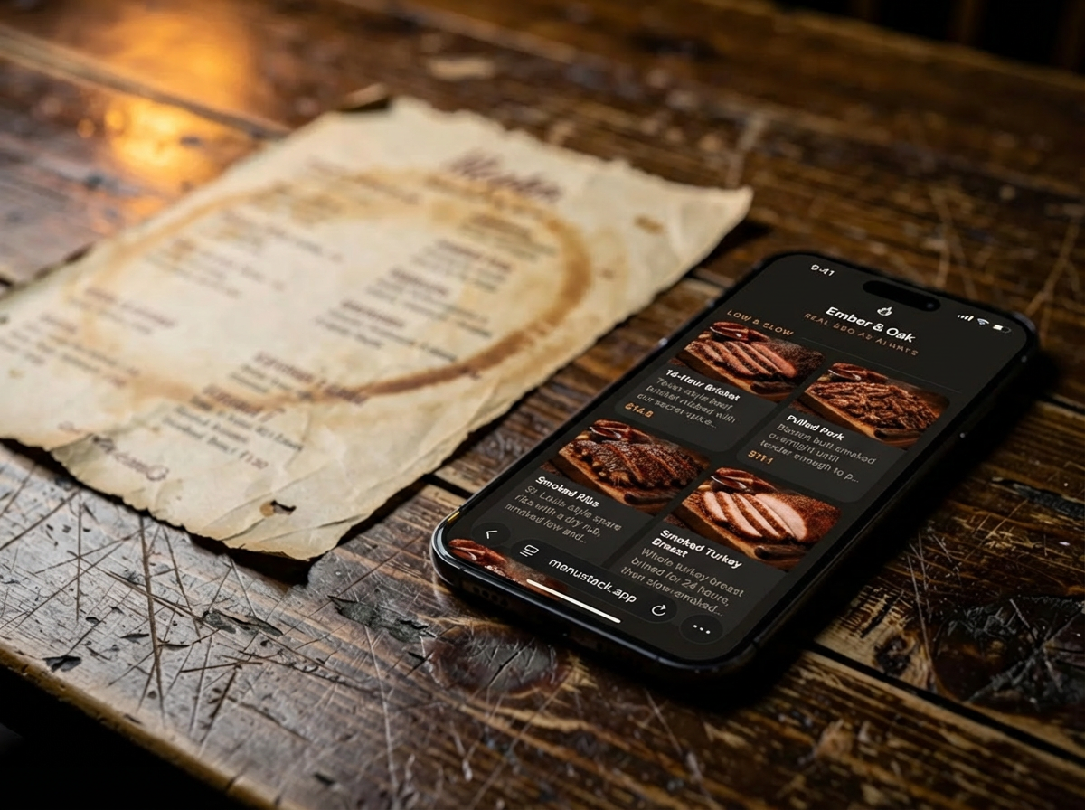 Worn paper menu next to a smartphone showing a modern digital menu on a rustic wooden table