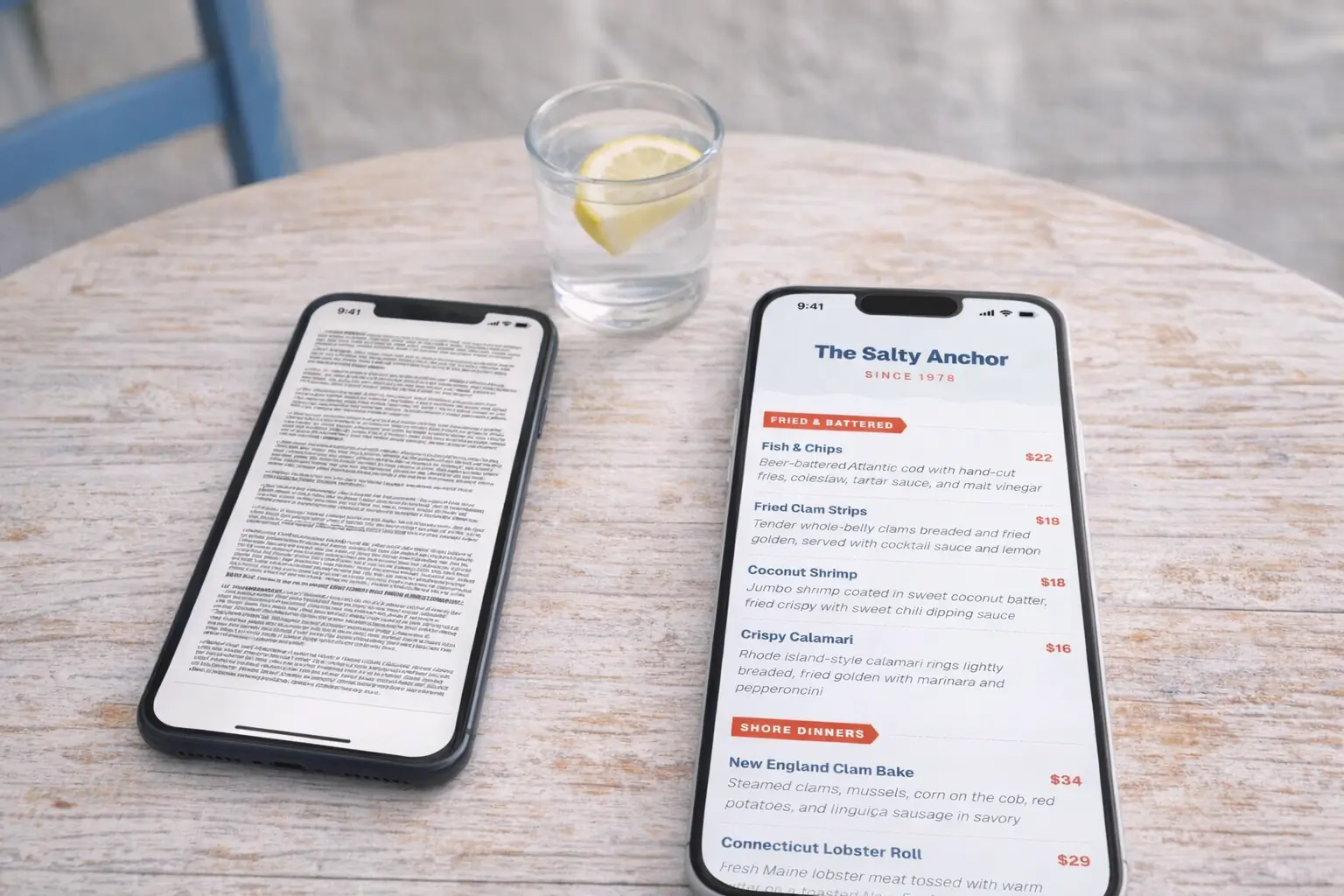 Side-by-side comparison of a frustrating PDF menu versus a clean QR menu on phones