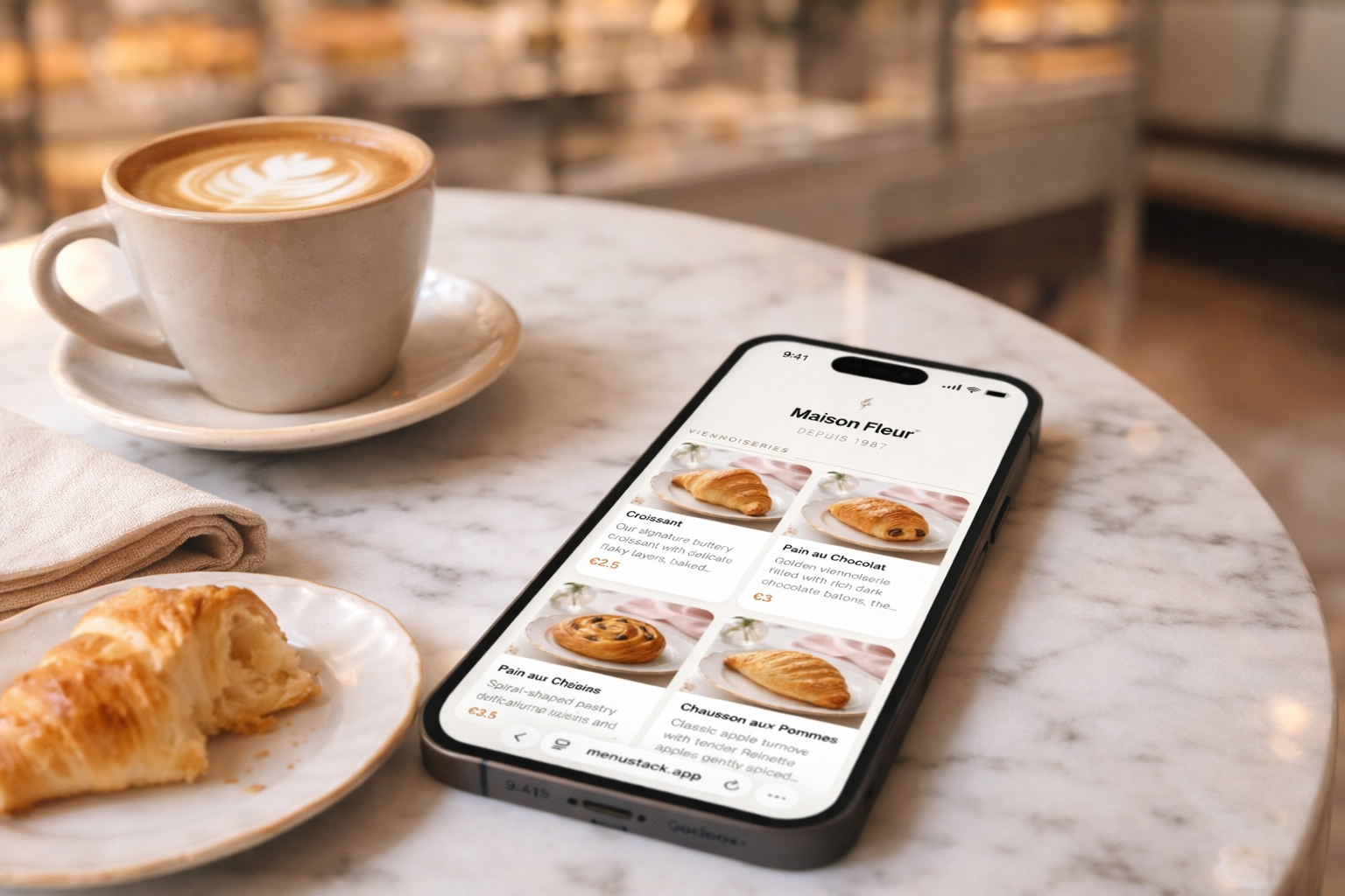 Phone showing a QR code menu on a French cafe table with coffee and croissant