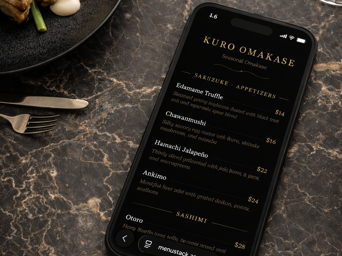 Phone showing a dark Japanese menu on a moody cocktail bar counter