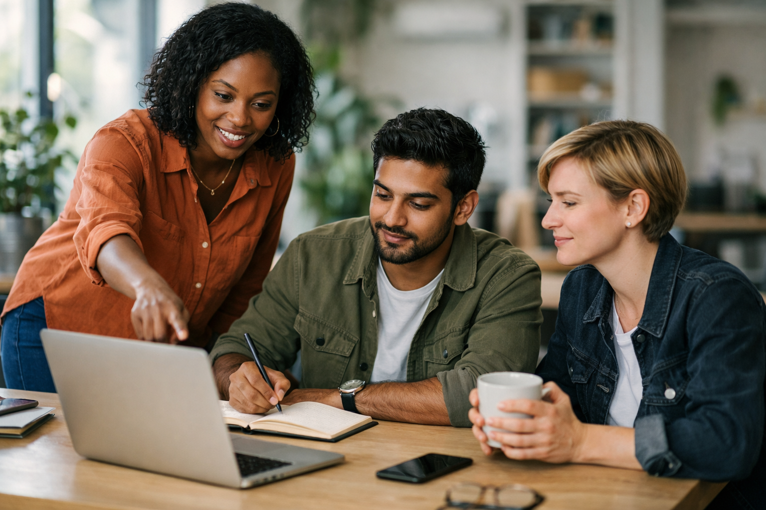 Small creative agency team collaborating around a laptop in a modern coworking space