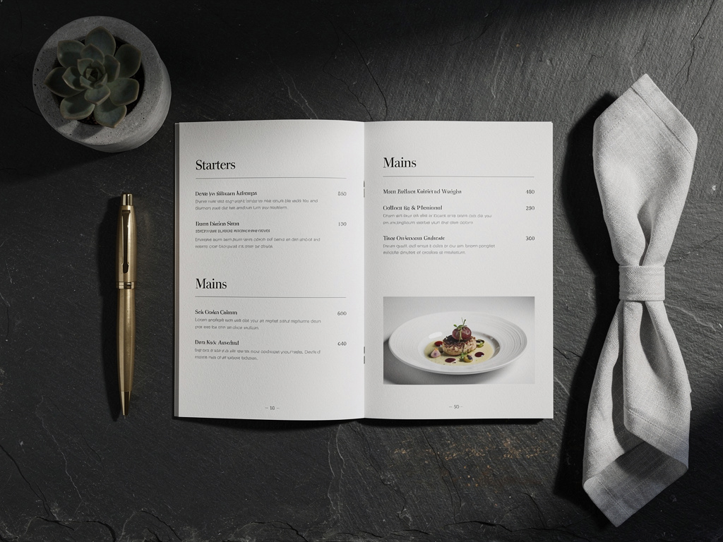 Elegant restaurant menu booklet open on a dark slate surface with brass pen and succulent